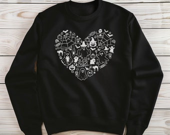 Halloween heart sweatshirt, Halloween sweatshirt, fall sweatshirt, black sweatshirt, chilly weather, for him, for her, fall, simple