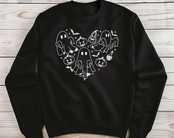 Heart ghost sweatshirt, Halloween sweatshirt, fall sweatshirt, black sweatshirt, chilly weather, for him, for her, fall, simple