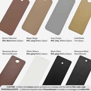 May include: Color chart with 10 different paint colors, including brown, beige, grey, gold, white, black, and micaceous brown and black. The chart includes the RAL color code for each color.