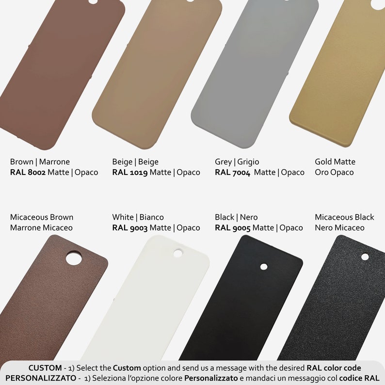 May include: Color chart with 10 different paint colors, including brown, beige, grey, gold, white, black, and micaceous brown and black. The chart includes the RAL color code for each color.