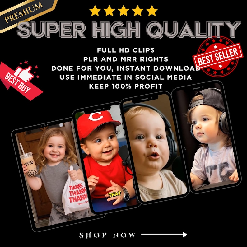 Puede incluir: Un gr&aacute;fico digital con cuatro pantallas de tel&eacute;fono inteligente que muestran videos de ni&ntilde;os peque&ntilde;os. Los textos superpuestos incluyen SUPER HIGH QUALITY, FULL HD CLIPS, PLR AND MRR RIGHTS, DONE FOR YOU, INSTANT DOWNLOAD, USE IMMEDIATE IN SOCIAL MEDIA, KEEP 100% PROFIT.