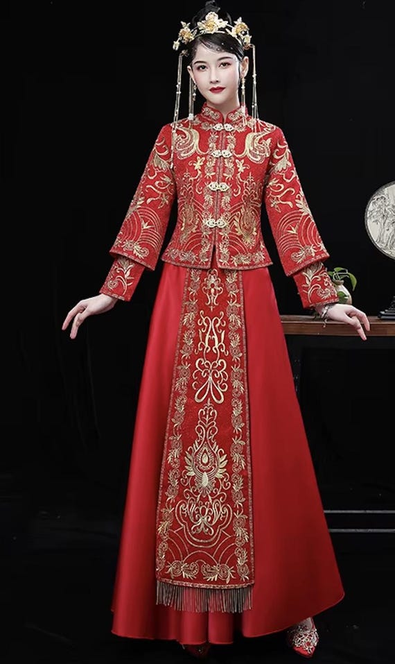 Chinese Embroidery Phoenix Bride Wedding Dress Elegant Cheongsam Mandarin  Collar Exquisite Marriage Set - Etsy