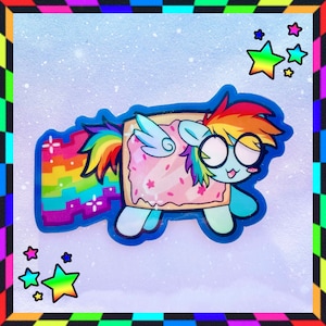 May include: A sticker featuring a cartoon pony with a rainbow mane and tail, wings, and glasses, integrated with a Pop-Tart design. The sticker has a blue outline and is surrounded by a colorful border with stars.