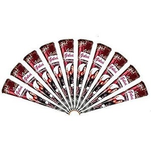 May include: Ten red henna cones with a black and white design on the side. The cones are arranged in a semi-circle.
