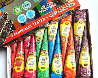 Ships From US! - 12 Colored Natural Henna Herbal Cones Instant Temporary Tattoo Body Art Design Kit Mehandi Ink Paste DIY