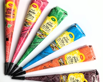 Ships From US! - 6 Colored Natural Henna Herbal Cones Instant Temporary Tattoo Body Art Design Kit Mehandi Ink Paste DIY