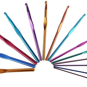 May include: A set of 12 colorful crochet hooks, arranged in a fan shape. The hooks are made of aluminum and have a variety of sizes, ranging from 3.5 mm to 8 mm. The hooks are a mix of blue, green, purple, red, and gold.