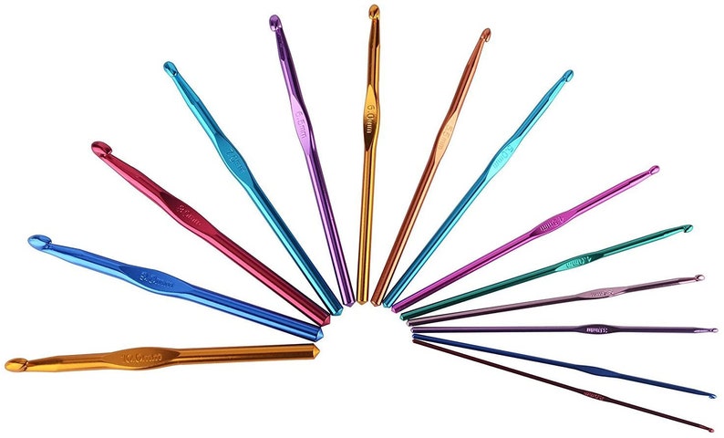 May include: A set of 12 colorful crochet hooks, arranged in a fan shape. The hooks are made of aluminum and have a variety of sizes, ranging from 3.5 mm to 8 mm. The hooks are a mix of blue, green, purple, red, and gold.