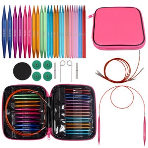 May include: A complete knitting needle set with various sizes and colors. The set includes straight needles, circular needles, stitch holders, and other accessories. The needles are in a range of colors, including blue, pink, and green, and come in a pink zippered case.