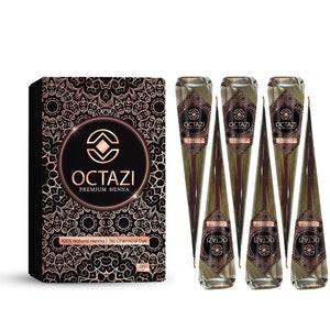 May include: A set of four henna cones, each with a black and gold label that reads "OCTAZI PREMIUM HENNA". The cones are packaged in a black box with a gold design and the text "100% Natural Henna | No Chemical Dye".