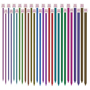 May include: A collection of colorful knitting needles in various sizes, ranging from 2.0 mm to 10.0 mm. Each needle is a different color, with the size clearly labeled in millimeters. The needles are arranged vertically, showcasing their different lengths.