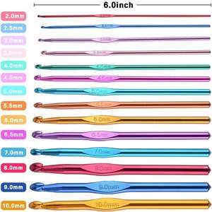May include: A set of 10 crochet hooks in various colors, ranging in size from 2.0 mm to 10.0 mm. The hooks are 6 inches long and are made of metal.