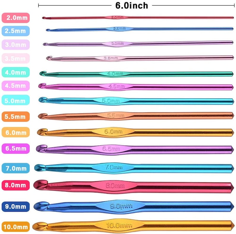 Single Aluminum Crochet Hook, 14 Sizes 2mm to 10mm 15cm Long Easy Grip Colored Metal Crochet
