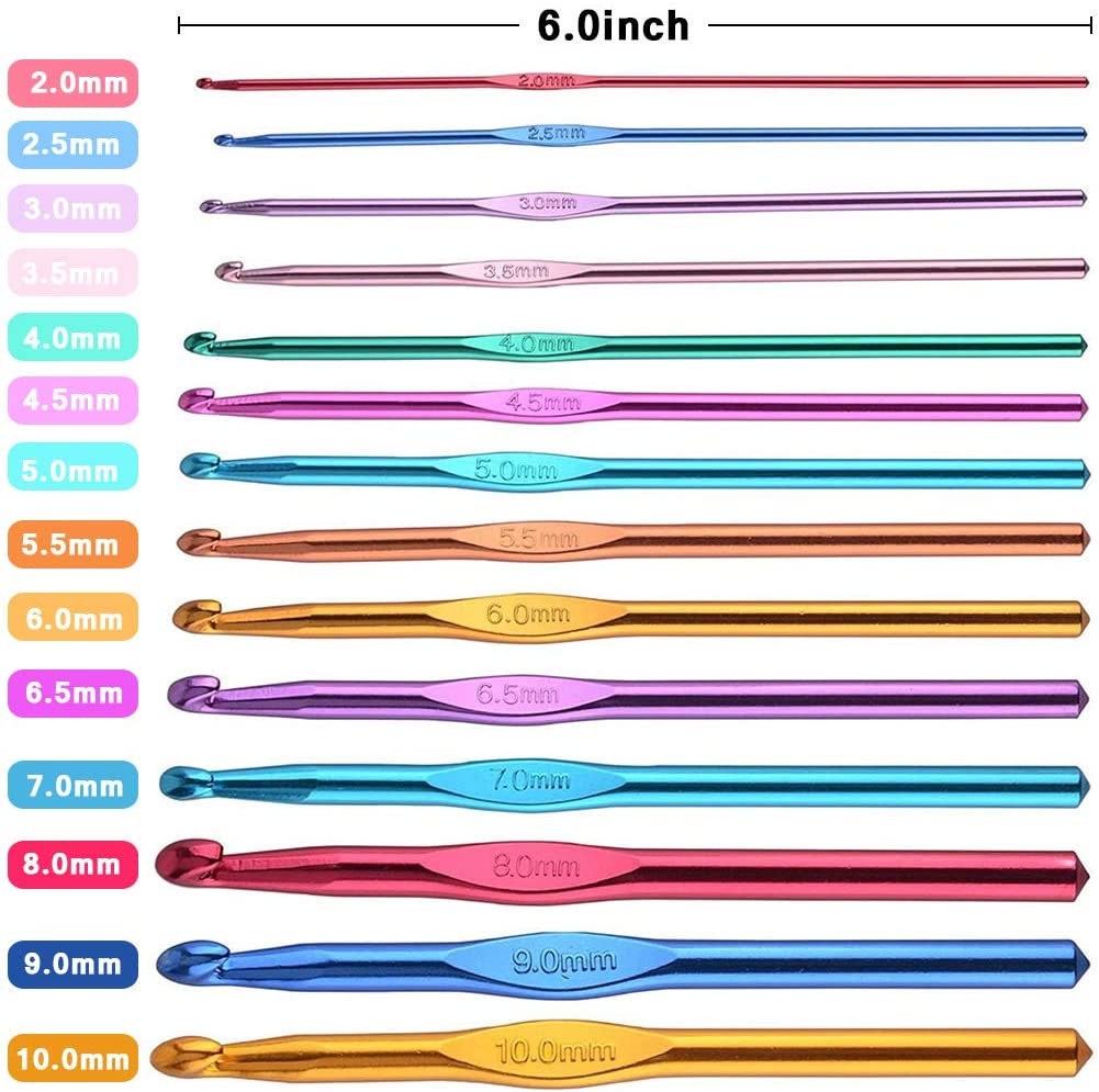 Single Aluminum Crochet Hook, 14 Sizes 2mm to 10mm 15cm Long Easy Grip