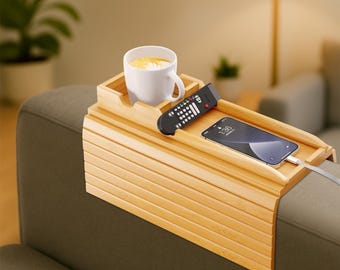 Zwart bamboe bankstel - opvouwbare organizer armleuning met bekerhouder Antislip, waterdichte, afneembare banktafel voor drankjes, snacks op afstand