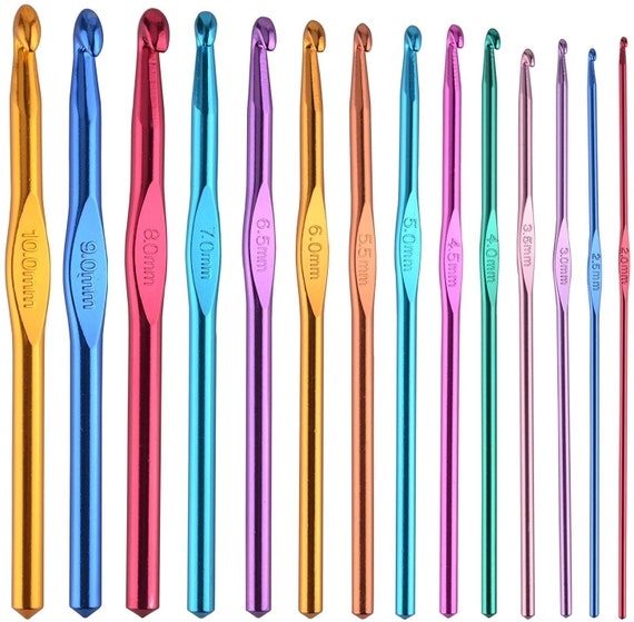 Aluminum Crochet Hooks, 14pcs Set, 14 sizes (2mm to 10mm) 15cm Long Easy Grip Colored Metal  Crochet Hooks for Crocheting Amigurumi USA