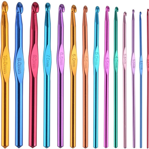 Aluminum Crochet Hooks, 14pcs Set, 14 sizes (2mm to 10mm) 15cm Long Easy Grip Colored Metal  Crochet Hooks for Crocheting Amigurumi USA