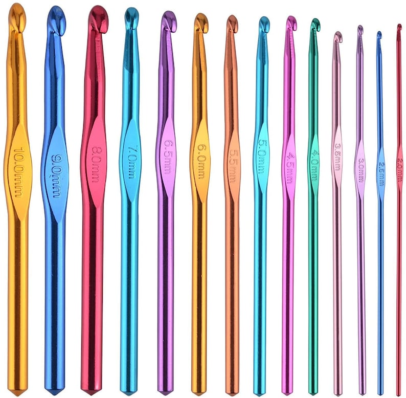 May include: A set of 14 colorful crochet hooks, ranging in size from 2.0mm to 10.0mm. The hooks are made of aluminum and have a smooth, polished finish.