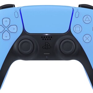 May include: A light blue PlayStation 5 DualSense wireless controller with black accents. The controller has a PlayStation logo on the front and a touchpad in the center.