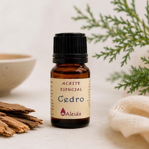 May include: A small amber glass bottle of essential oil with a black cap. The label reads "Aceite Esencial Cedro" with a red drop logo. Beside it are wood chips, a lit candle, and a sprig of greenery.