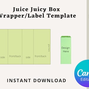 May include: A template for a juice box wrapper or label. The template is divided into five sections: front, back, and two sides. The template is green and has the text "Design Here" on the front.