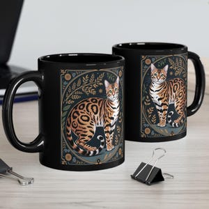 Bengal Cat Illustration Mug | Black Ceramic Coffee Cup