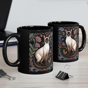 Siamese Cat Mug Coffee Cup Black Ceramic Art Nouveau Floral Feline Gift Enthusiast Present Birthday Christmas Idea Kitchen Drinkware