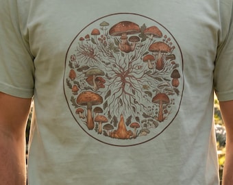 Paddestoel mandala shirt schimmels design kleding natuurliefhebber wandelaars cadeau mycologie liefhebbers botanische Tee psychedelische hippie boho afbeelding
