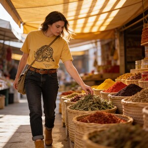 May include: A woman in a mustard yellow t-shirt with a cat graphic, dark jeans, and brown boots, browsing spices in a market. Wicker baskets display colorful spices. A brown leather belt and a canvas bag complete the outfit. The market has a yellow awning.