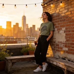 May include: An olive green t-shirt with a graphic design, black pants, and white sneakers. The person is leaning against a brick wall, holding a bottle. The background features a city skyline and string lights.