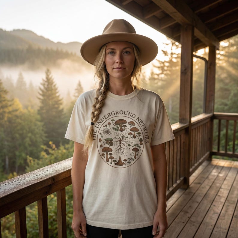 T-shirt paddestoel grafisch katoen botanisch vintage schimmel ontwerp illustratie mycelium netwerk ondergronds wetenschap natuur kleding mycologie afbeelding 4