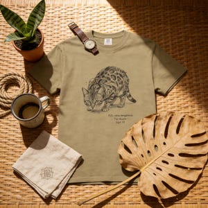 May include: Olive green t-shirt featuring a detailed illustration of a Bengal cat in a hunting pose. The text "Felis catus bengalensis 'The Hunter' Sept 19" is printed below the cat. A watch, a plant, and a napkin are also visible.