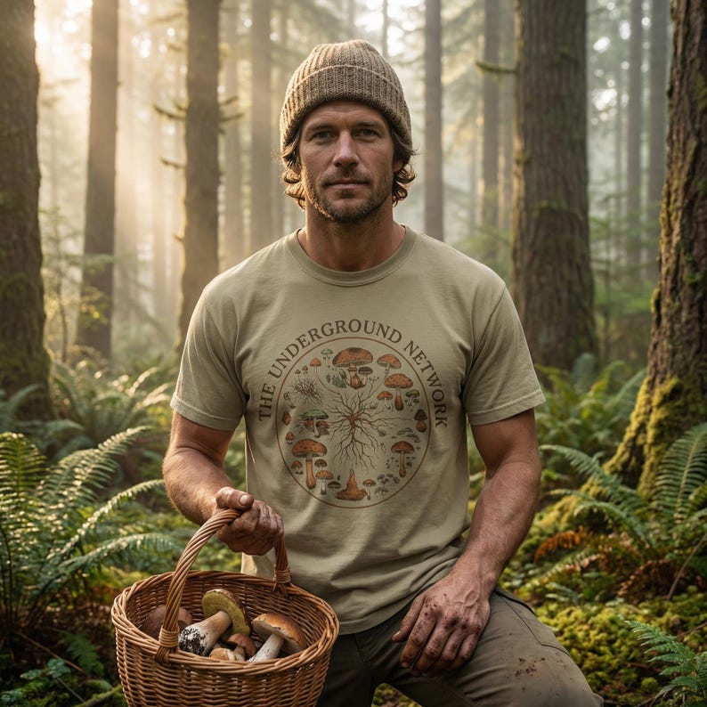 Op de afbeelding: Een man in een bos draagt een beige t-shirt en een muts. Het shirt heeft een cirkelvormige afbeelding met paddenstoelillustraties en de tekst "THE UNDERGROUND NETWORK". Hij houdt een rieten mand vol paddenstoelen vast.