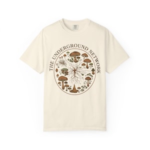 Fungi Design Apparel Vintage Mushroom Illustration Shirt Cotton Botanical Graphic Tee Mycelium Network Underground Science Theme Nature Enthusiast Clothing Perfect Gift Mycology Student Forest Fan Woodland Style Casual Wear Ring Spun Cotton