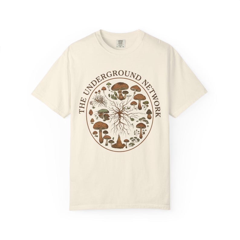 Fungi Design Apparel Vintage Mushroom Illustration Shirt Cotton Botanical Graphic Tee Mycelium Network Underground Science Theme Nature Enthusiast Clothing Perfect Gift Mycology Student Forest Fan Woodland Style Casual Wear Ring Spun Cotton