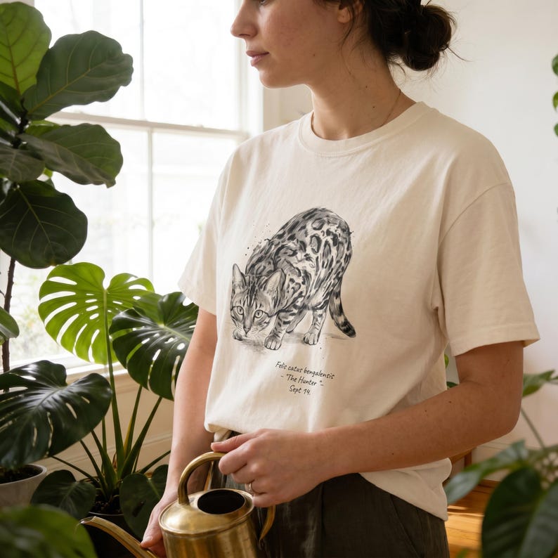 May include: Cream-colored t-shirt featuring a detailed black and white illustration of a Bengal cat in a stalking pose. The shirt includes text below the image: "Felis catus bengalensis - The Hunter - Sept 14."