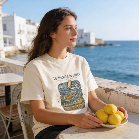 Vintage Italian Shirt Oversized Graphic Tee Unisex Cotton Top Retro Fish Design Apparel Sardine Print Nautical Illustration Coastal Themed