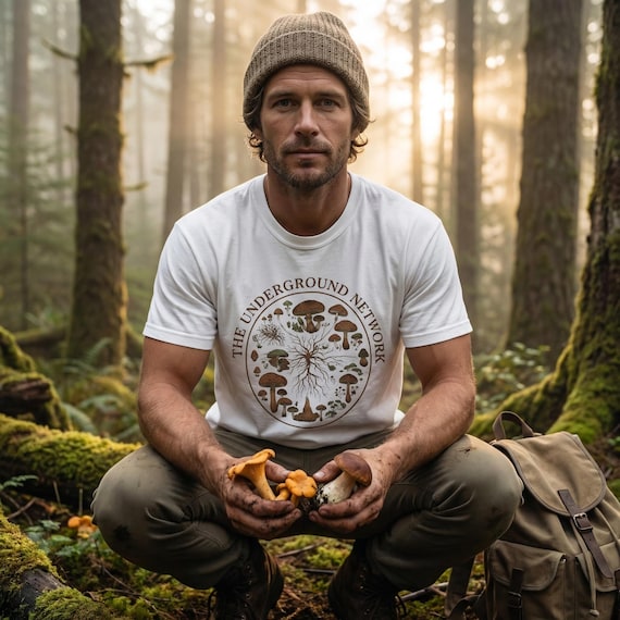 Mushroom Graphic Tee Shirt Cotton Botanical Vintage Fungi Design Illustration Mycelium Network Underground Science Nature Apparel Mycology