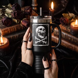 Gothic Skull Crossbones 40oz Travel Mug Dripping Ink Bone Frame Insulated Tumbler with Handle and Straw Lid | Halloween Goth Gift