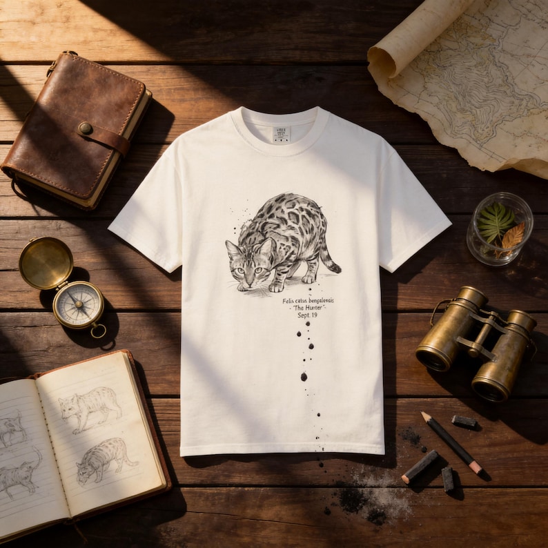 May include: White t-shirt featuring a detailed illustration of a Bengal cat in a stalking pose. The graphic is in black and white with the text "Felis catus bengalensis: The Hunter, Sept 19". The shirt is displayed on a wooden surface with a compass, journal, and binoculars.
