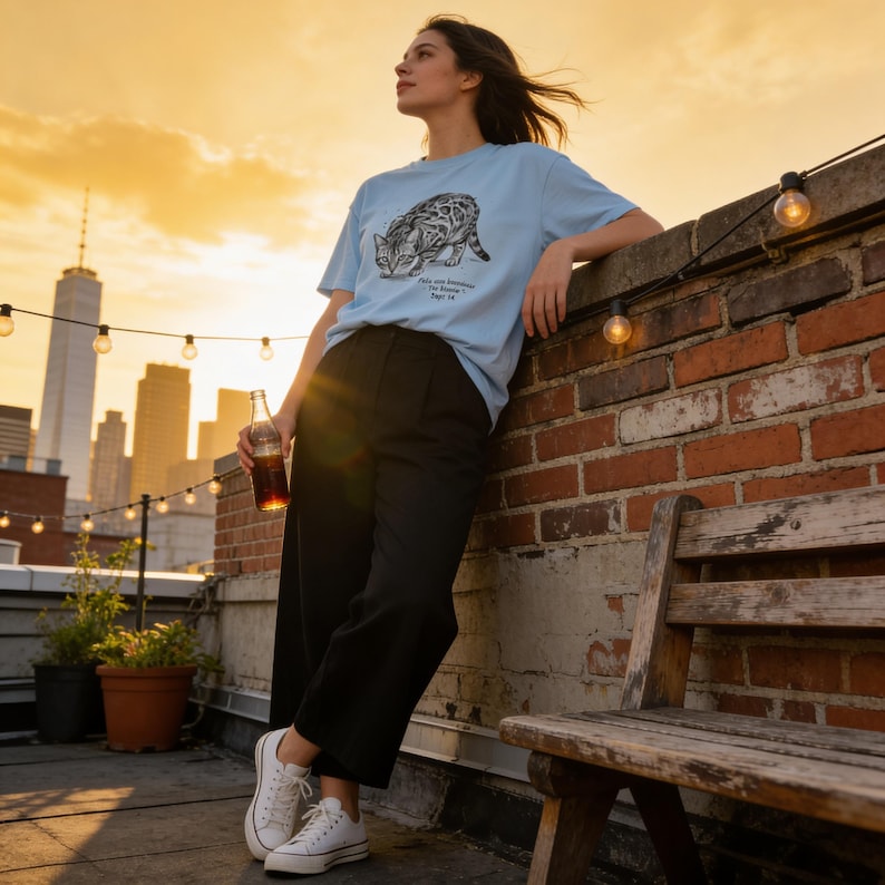 May include: A light blue t-shirt with a black and white illustration of a cat, paired with black pants and white sneakers. The shirt has text below the cat illustration. A glass bottle of a dark beverage is held in the hand.