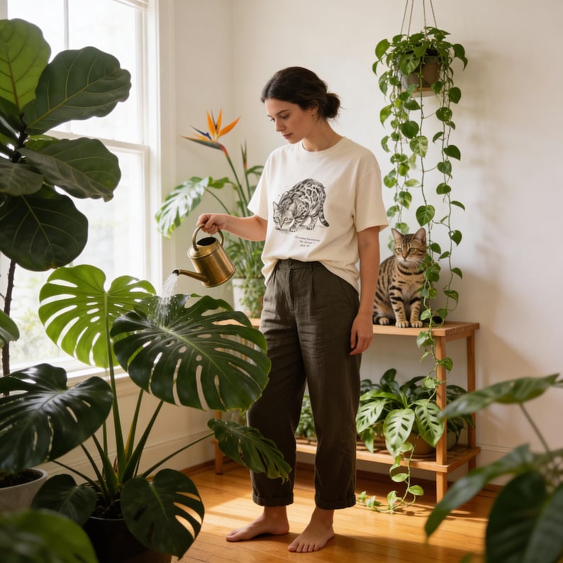 May include: A cream-colored t-shirt with a black illustration of a cat, paired with dark green pants. A brass watering can waters a large plant with green leaves. A tabby cat sits on a wooden shelf surrounded by plants. The room has a bright, natural light.
