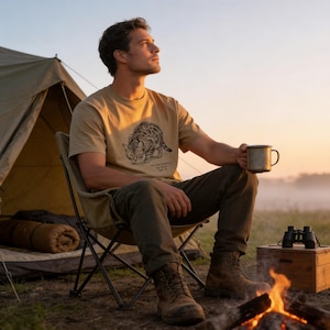 May include: A tan t-shirt with a black illustration of a cat, paired with dark green pants and brown boots. The scene includes a camping chair, tent, and a campfire with binoculars and a metal mug. The setting is outdoors at sunset.