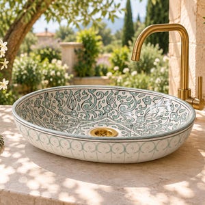 May include: An oval ceramic vessel sink featuring a hand-painted floral pattern in shades of teal and grey on a white background. The basin includes a gold-toned metal drain and is paired with a matching gold-toned curved faucet fixture.