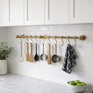 Unlacquered Brass Pot Rail with S Hooks, Wall Mounted Kitchen Organizer for Pots & Pans, Solid Brass Pot Rack Rod, Pan Rack, Hanging Hooks