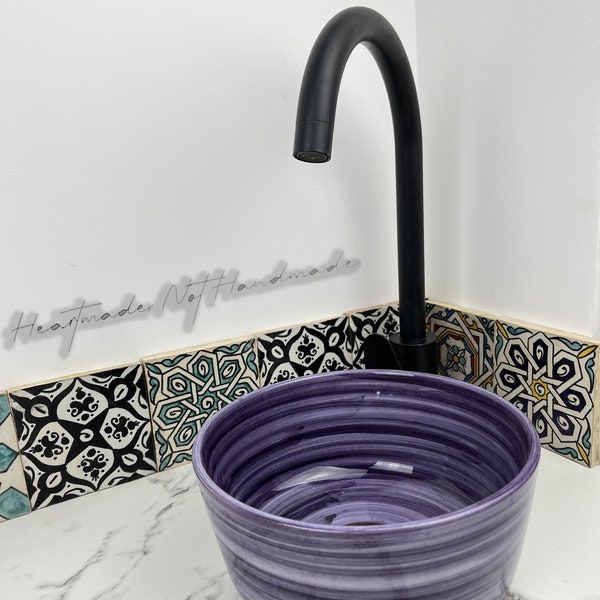 Sustainable Style - Traditional Purple Ceramic Basin from Morocco - Hand-Painted Ceramic Vessel Sink