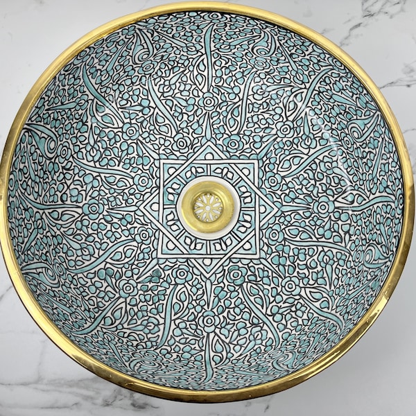 Elegante lavabo de cerámica pintado a mano en azul turquesa con toques de oro de 14K - Fregadero de encimera hecho a mano a medida - Fregadero de cerámica marroquí.