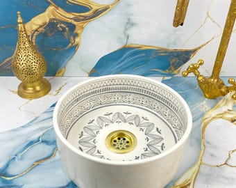 Embrace Moroccan Beauty - Artisanal Handcrafted and Hand-Painted Ceramic Basin in Gray , Infusing Your Space with Oriental Charm