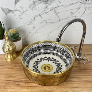 Timeless Artistry in Your Bathroom: Handmade Farmhouse Basin with Solid Brass Detailing - Hand-Painted Moroccan Ceramic Vessel Sink