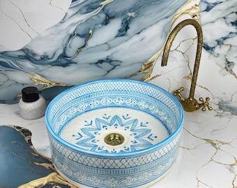 Hand painted Blue & White Ceramic Vessel Sink – Moroccan Handmade Style Bathroom Basin - Wash Hand Basin Sink